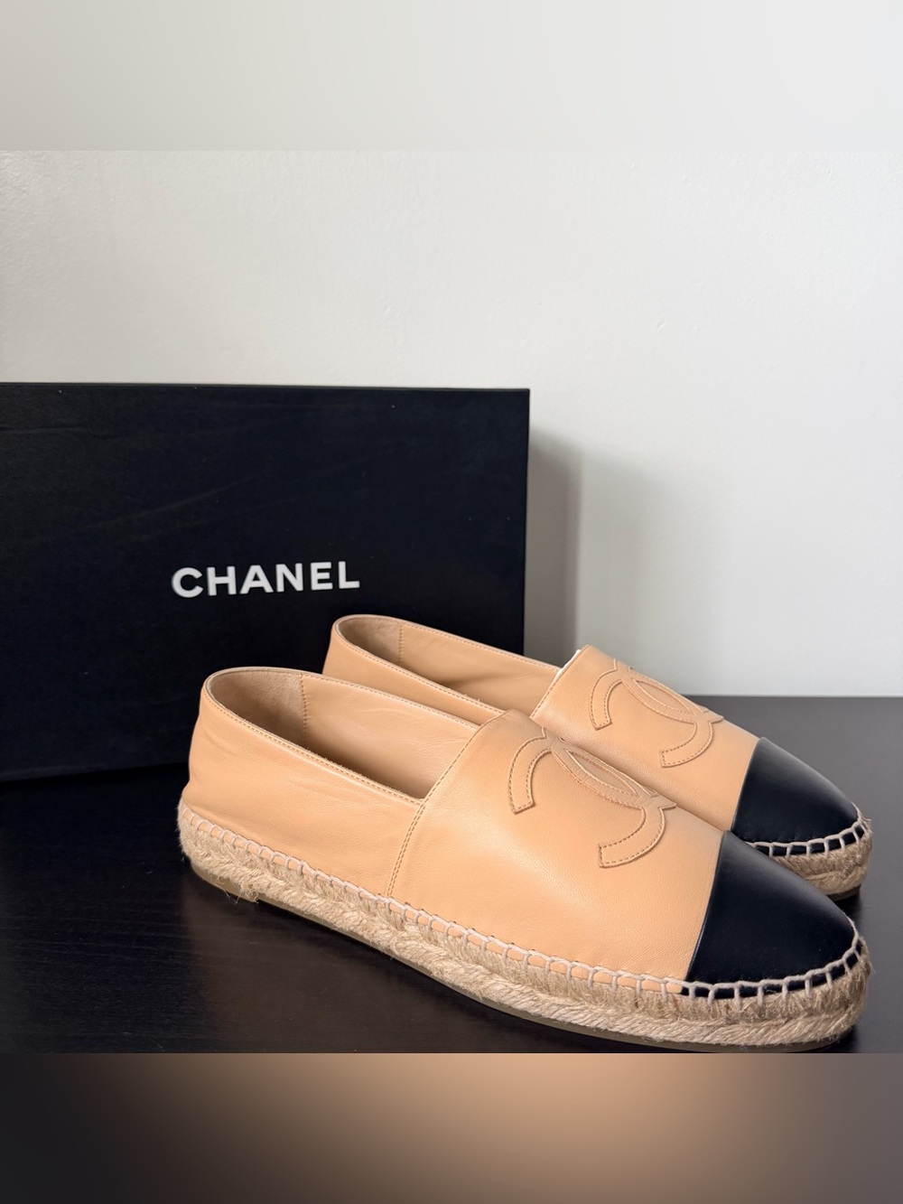 CHANEL Beige Leather Espadrilles with Black Cap Toe and CC Stitch